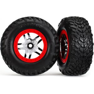 Traxxas 6891R Tires & Wheels SCT S1/S-Spoke Chr.-Red 4WD/2WD Rear TSM (2)